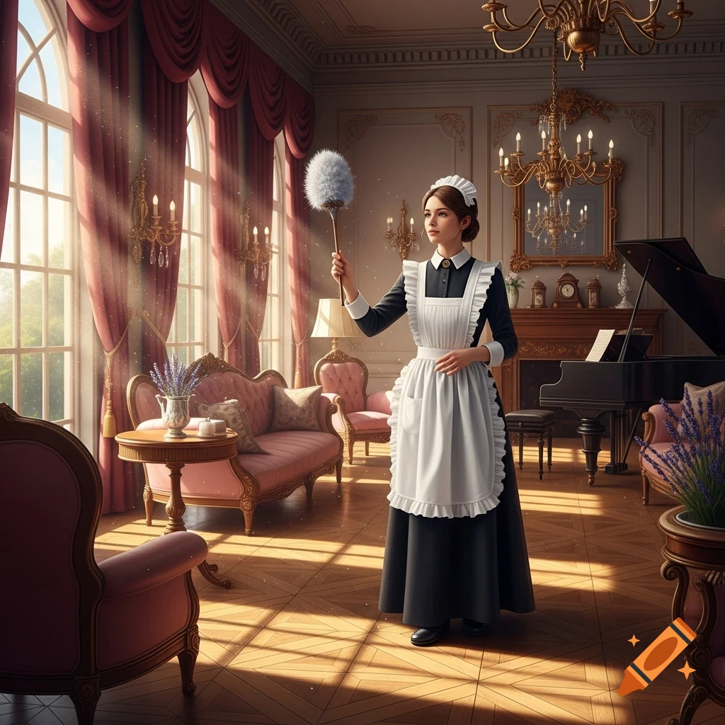 A photorealistic image of a French maid holding a feather duster in a luxurious, sunlit room with elegant furniture.