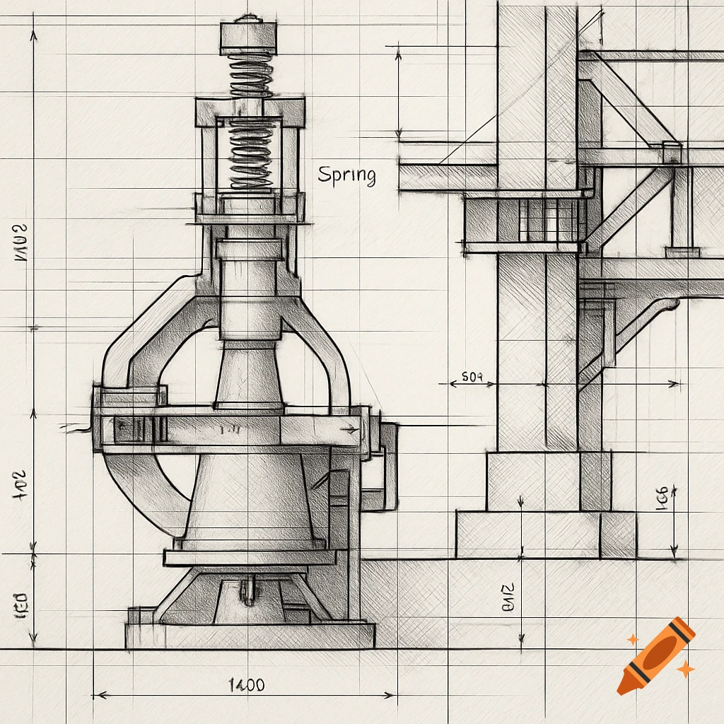 Detailed technical sketch of a mechanical device with springs and dimensions on grid paper.