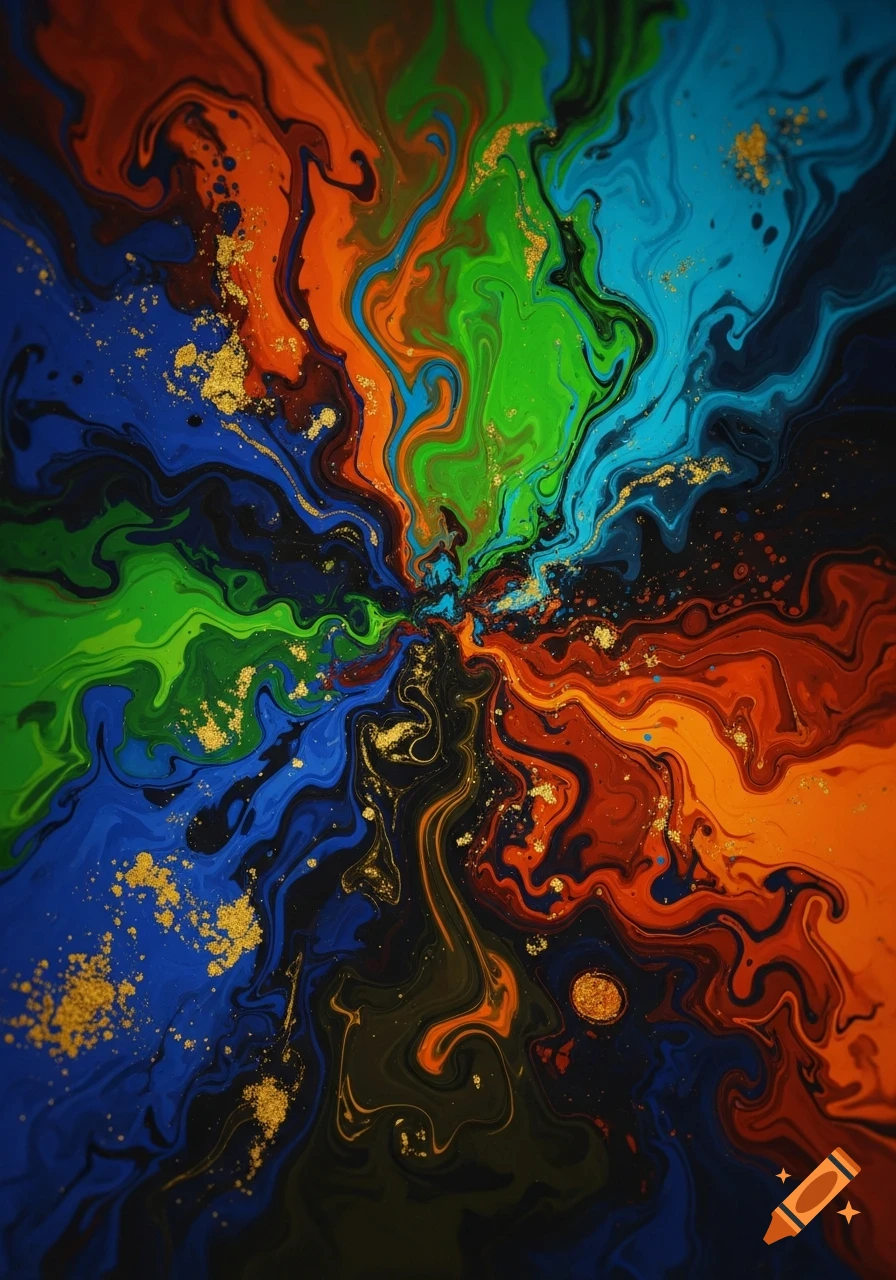 A vibrant abstract painting features swirling masses of blue, green, orange, red, and black paint with shimmering gold flakes throughout.