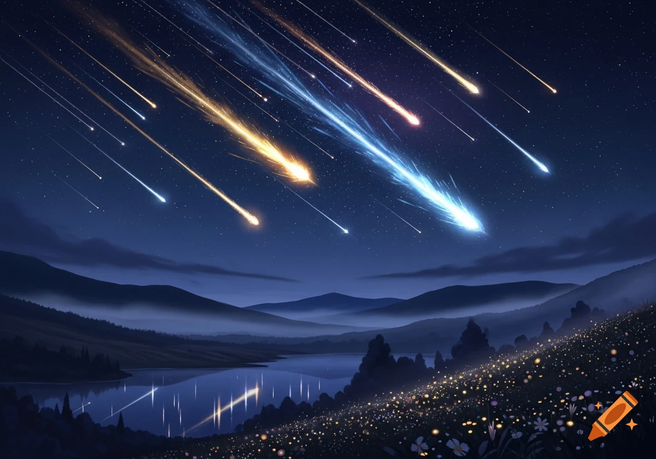 A vibrant meteor shower illuminates a dark night sky over a tranquil lake reflecting the colorful streaks, surrounded by hills and glowing flowers.