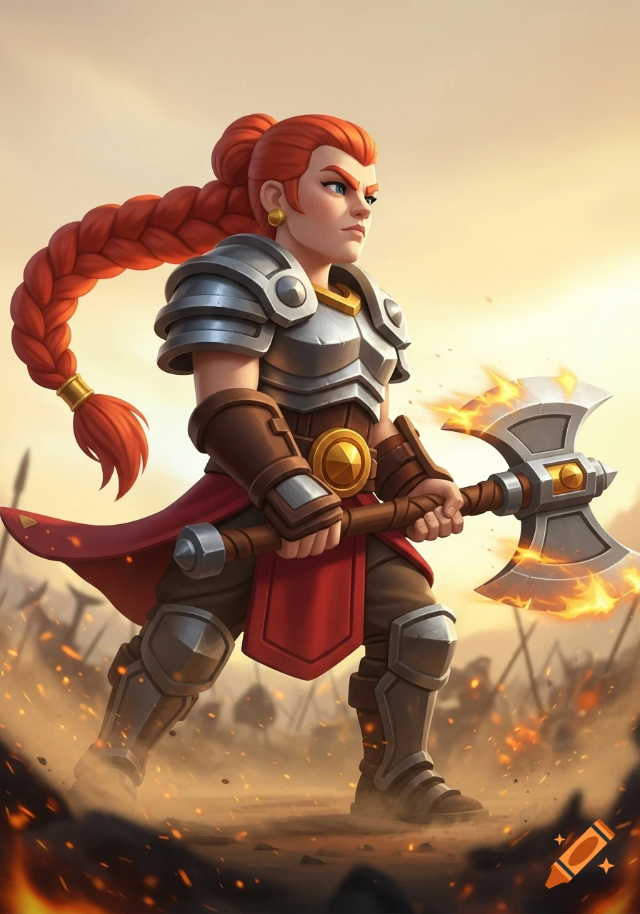 Stylized red-haired female warrior in armor holding a flaming double-bladed axe on a battlefield.