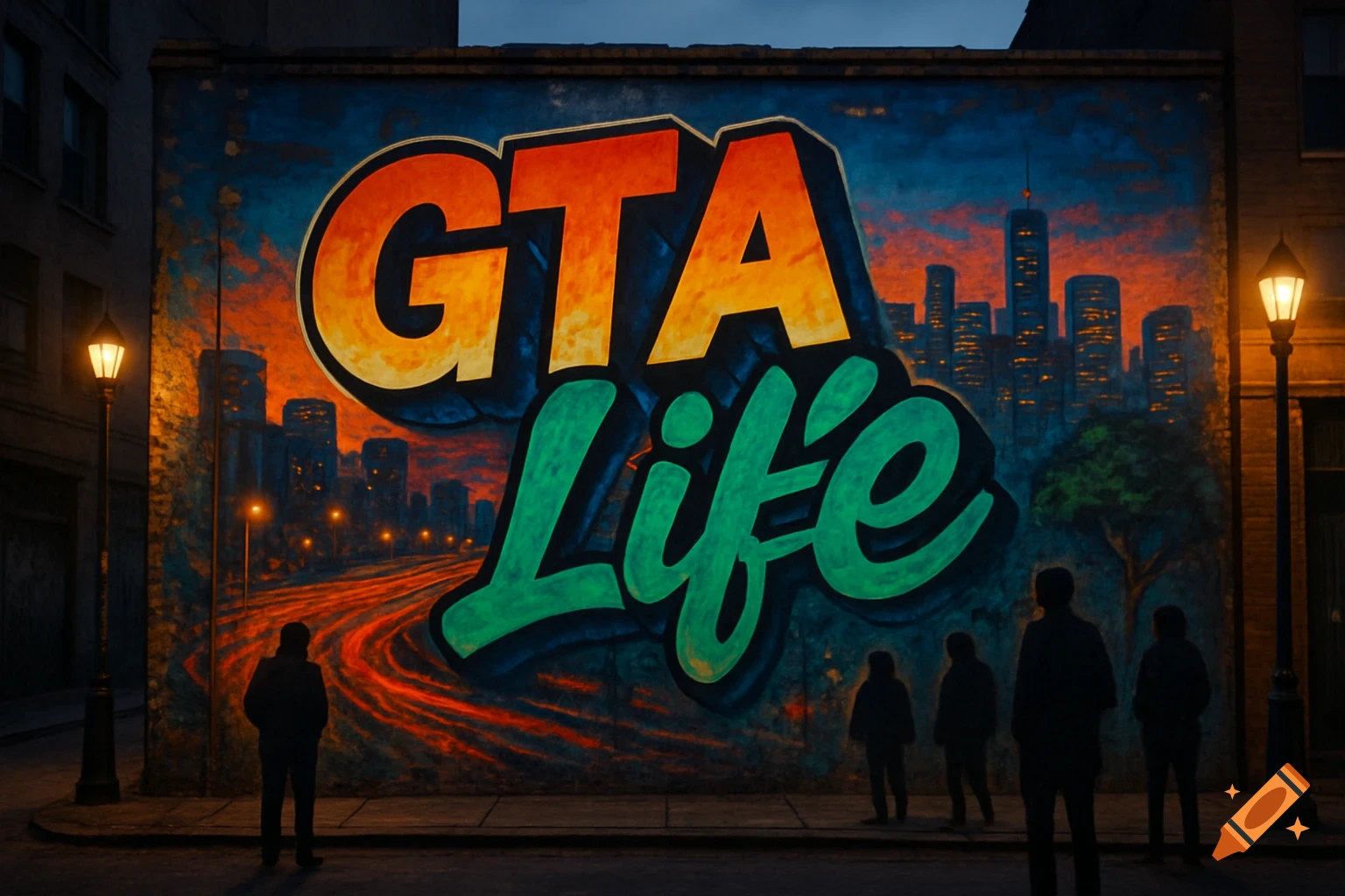 A vibrant urban mural on a wall reads 'GTA Life' with a cityscape background and silhouettes of people under a twilight sky.