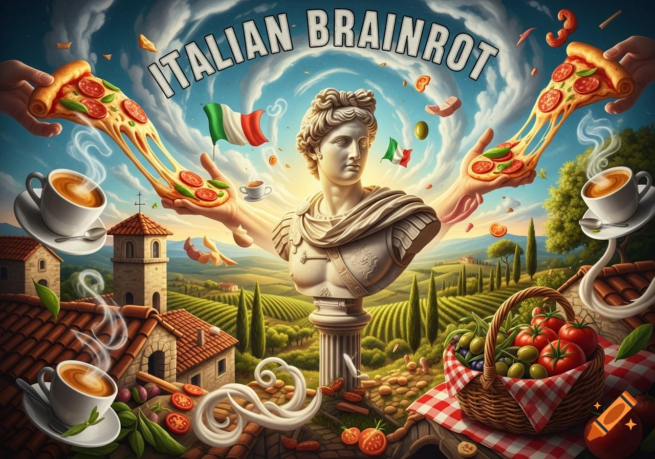 Surreal Italian landscape with a Roman bust, stretching pizza, coffee, flags, and a basket of produce, with 'ITALIAN BRAINROT' text.