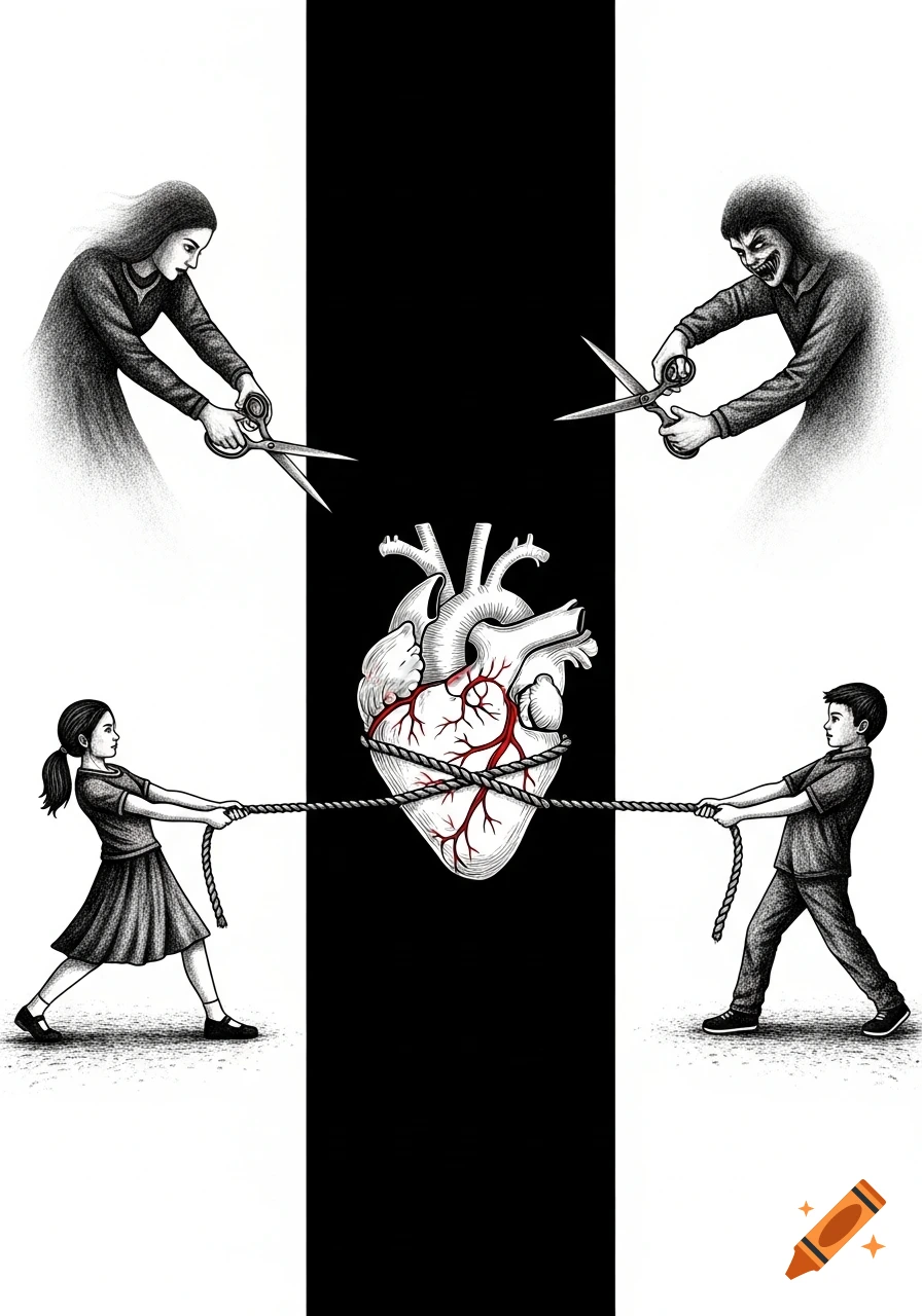 A black and white symbolic illustration. Top: a man and woman cut with scissors. Bottom: a girl and boy pull ropes tied to a heart.