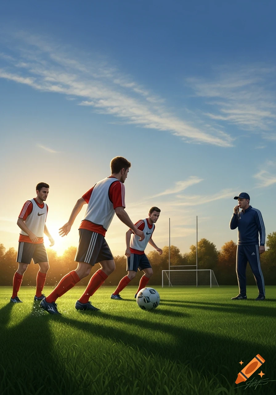 Three male soccer players and a coach on a sunny green field with a goal in the background, practicing during sunset.