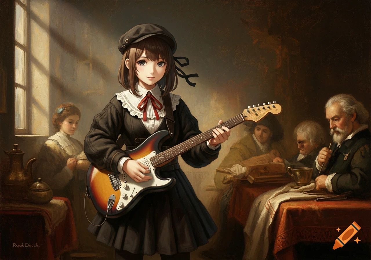 Anime girl playing an electric guitar in a classical oil painting style, with older men in the background.