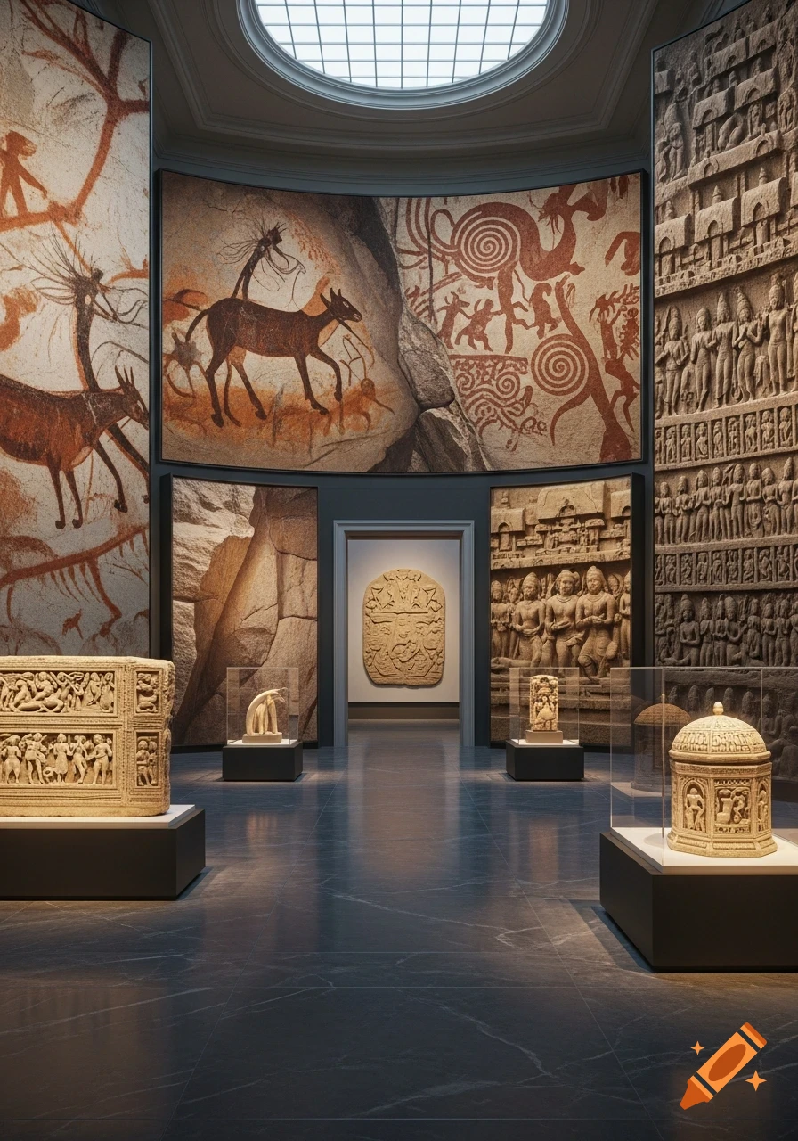 A museum hall displaying prehistoric cave paintings, carved ancient reliefs, and artifacts in glass cases under a skylight.