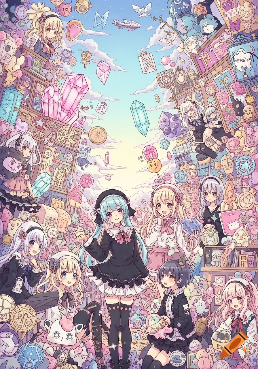 Maximalist anime art featuring several cute girls in pastel gothic dresses surrounded by an abundance of floating crystals, buildings, and whimsical objects against a cloudy sky.