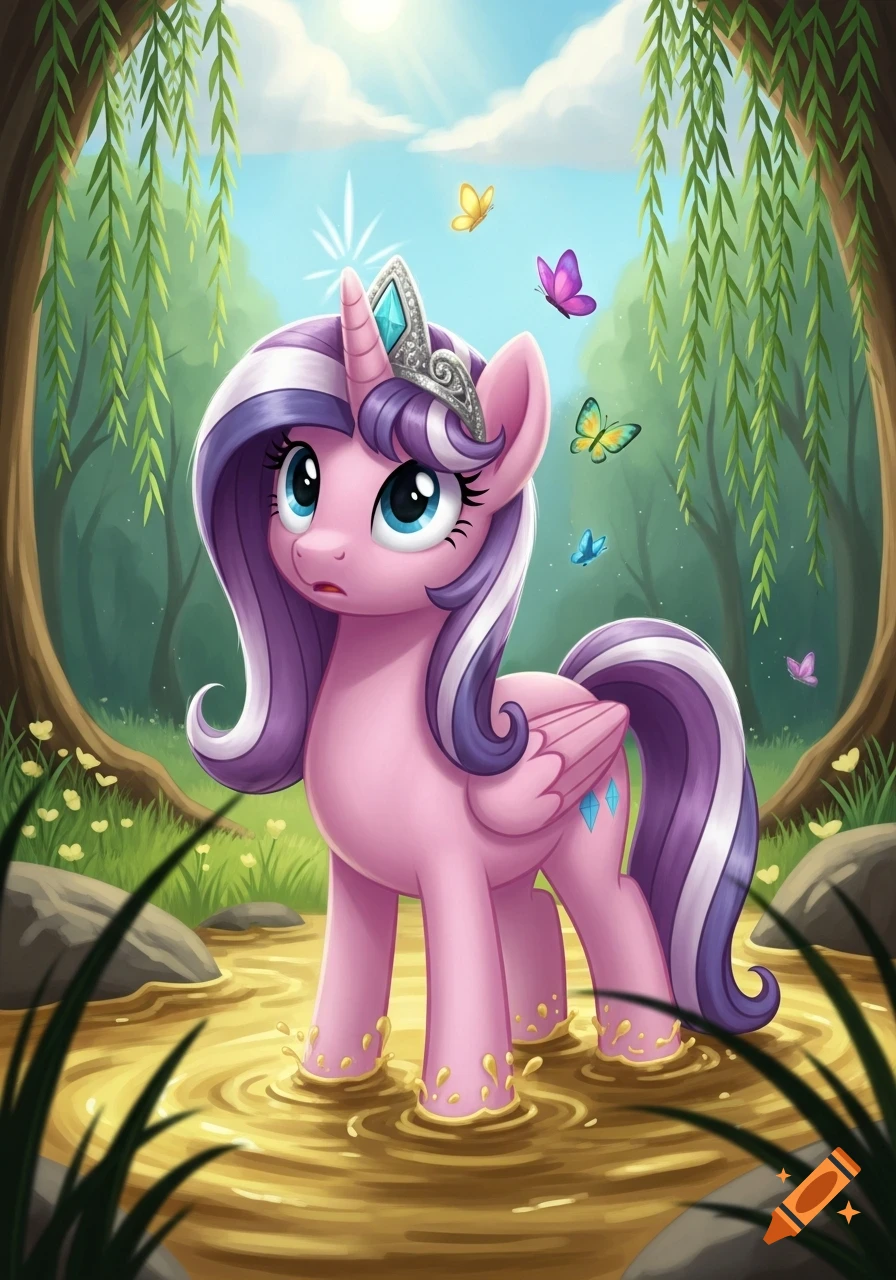 A pink unicorn pony with a tiara stands in muddy water in a cartoon forest, surrounded by butterflies.
