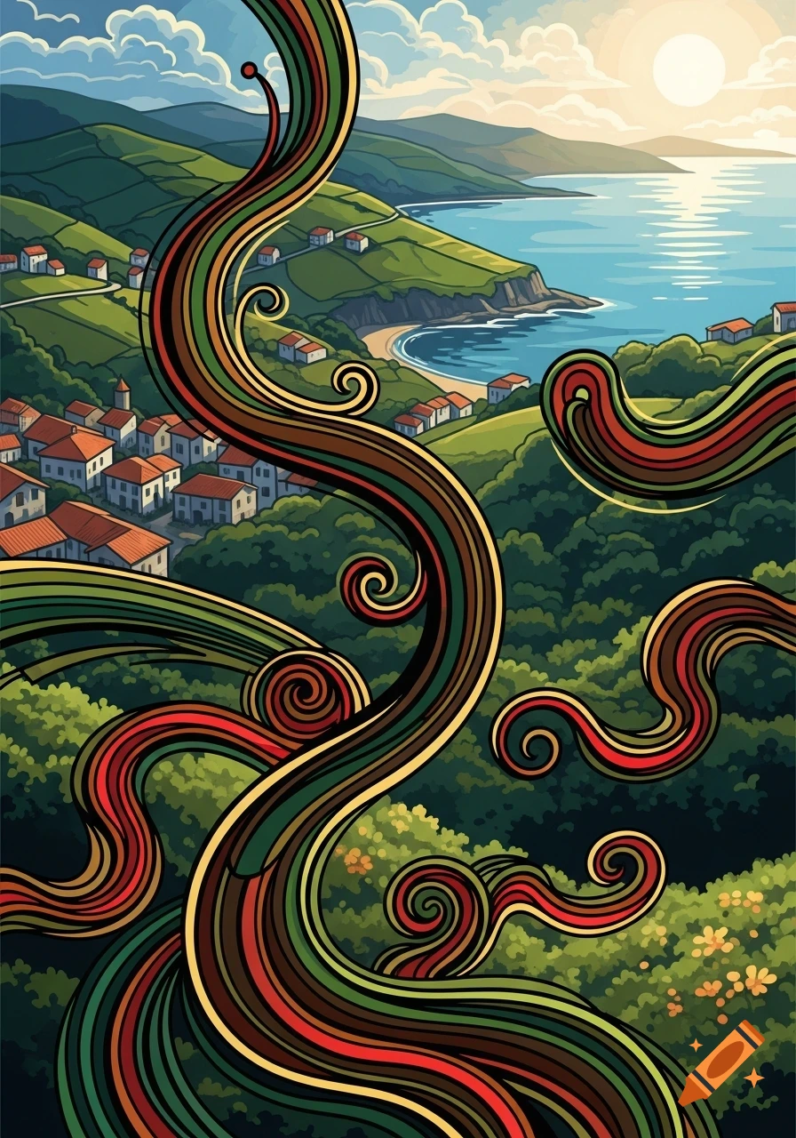 A stylized graphic coastal landscape depicting a village nestled among green hills by a blue ocean, with colorful swirling lines.
