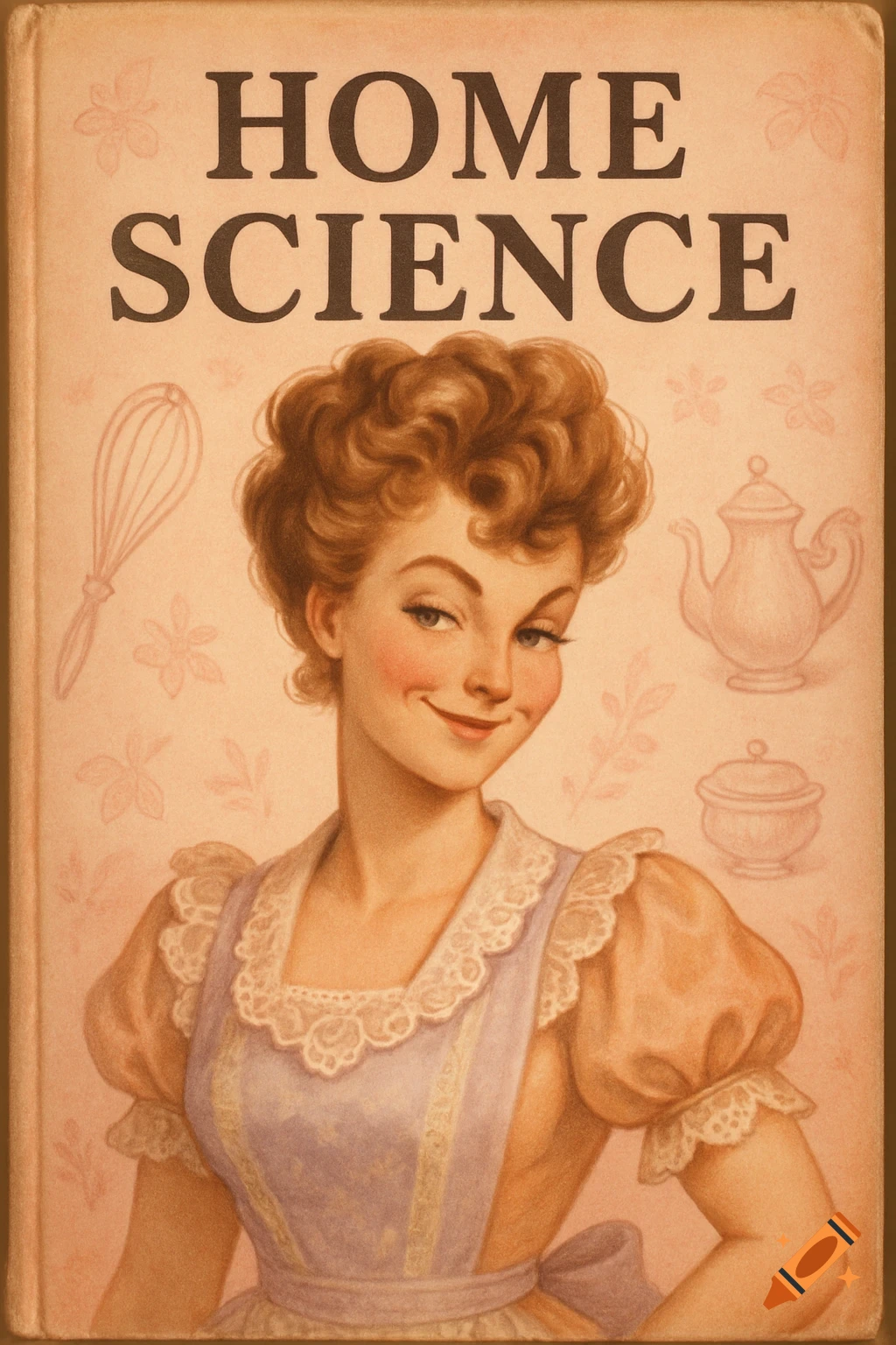 Vintage illustration of a smirking woman in an apron on a 'HOME SCIENCE' book cover, with kitchen utensils.