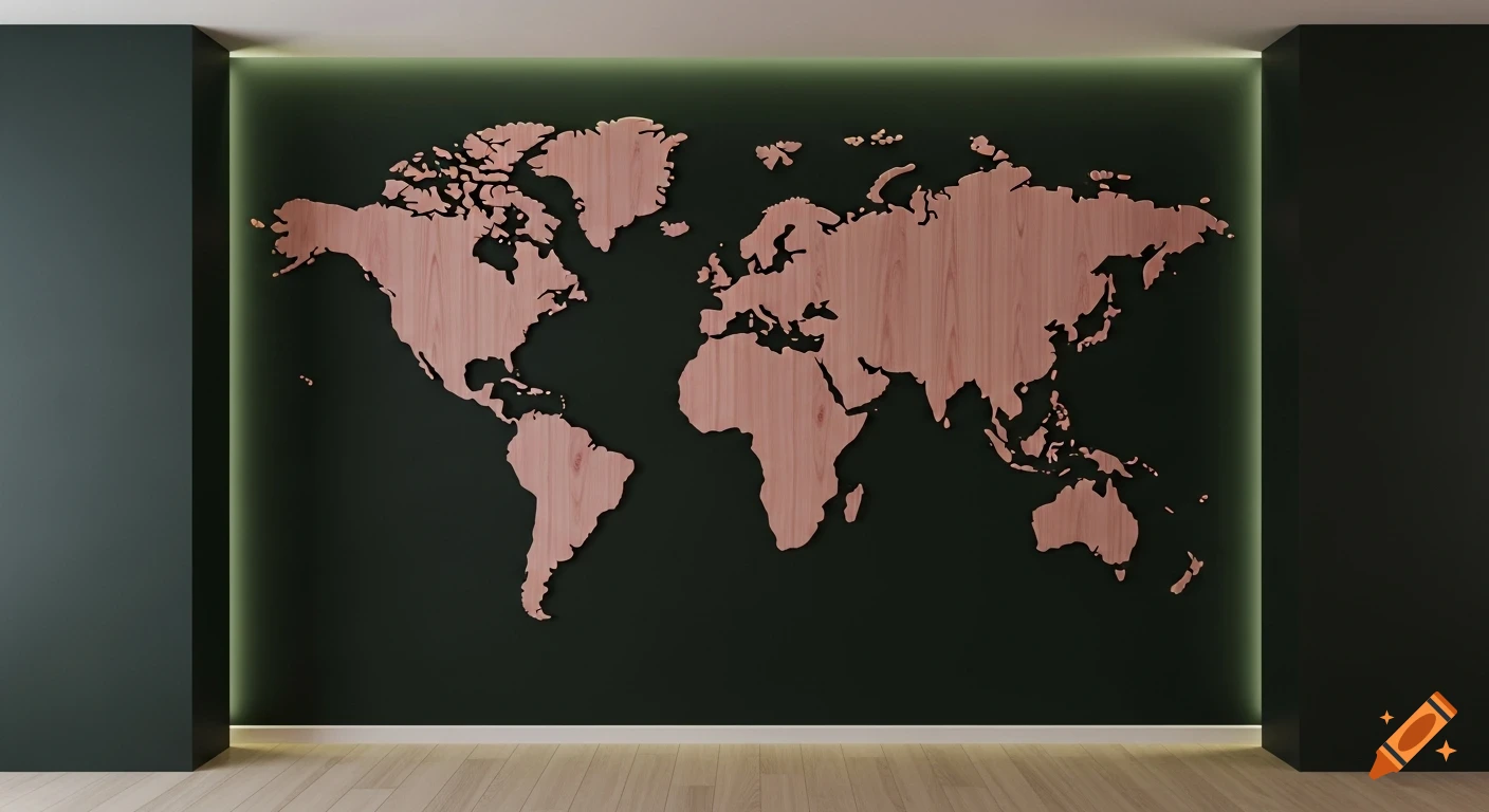 A minimalist wooden world map with a subtle green backlight on a dark green wall, in a modern room with a light wooden floor.
