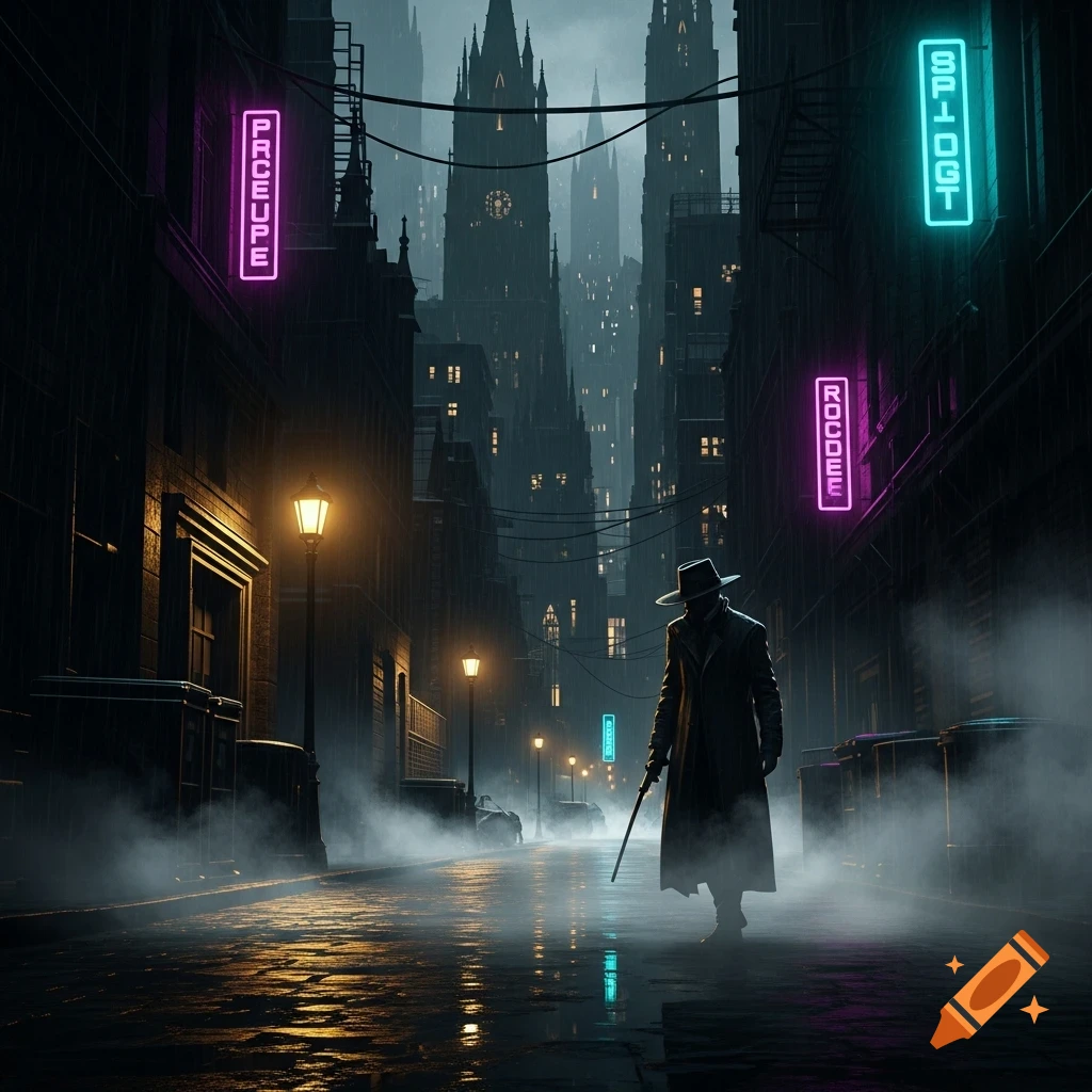 A mysterious figure in a trench coat and fedora walks down a foggy, rainy, neo-noir city street at night, with towering gothic buildings and neon signs.