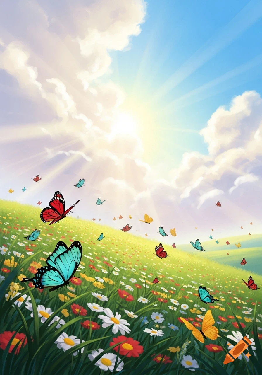 Colorful butterflies fly over a vibrant green hill covered in wildflowers under a bright, cloudy sky in a cartoon style.