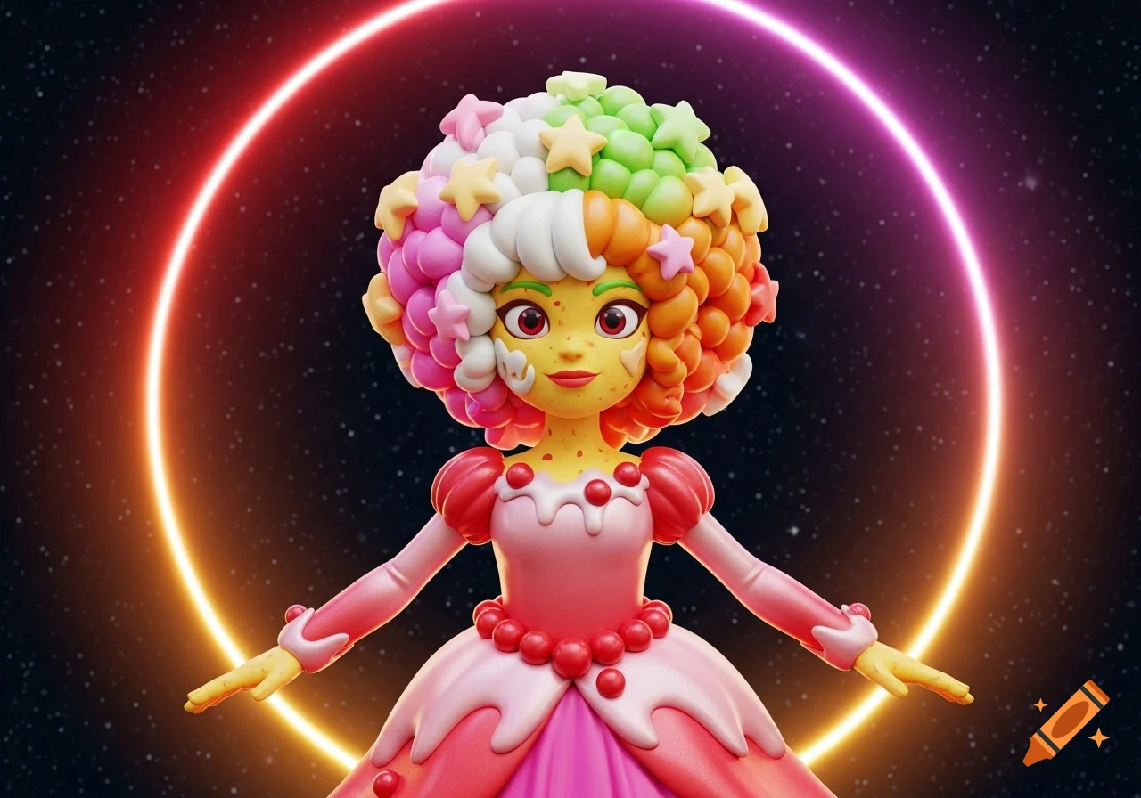 A stylized character with multi-colored, candy-like hair, a yellow face, and a pink, ruffled dress, stands against a starry space background with a neon ring.