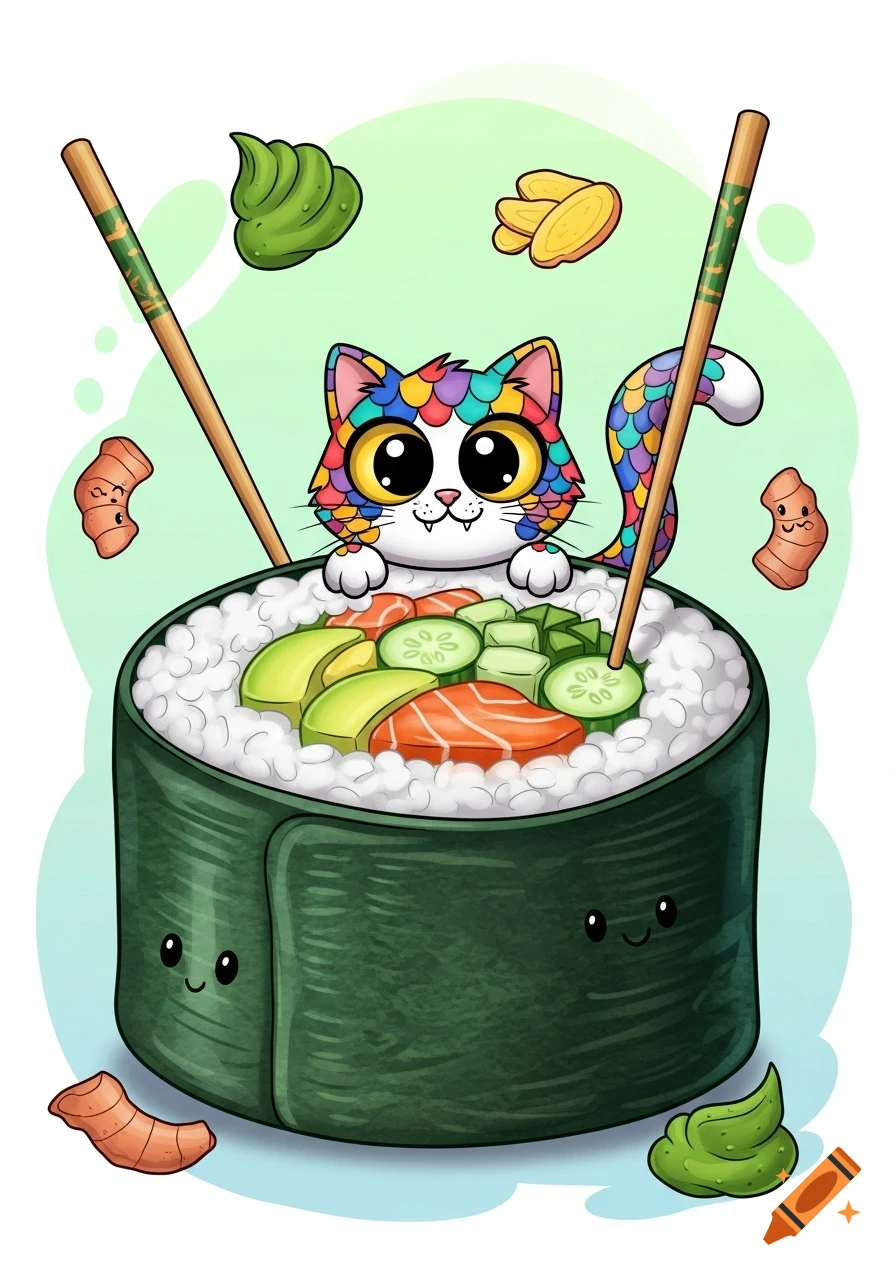 A cute, colorful cartoon cat with big eyes peeks out from a sushi roll filled with salmon, avocado, and cucumber. Wasabi and pickled ginger float around.