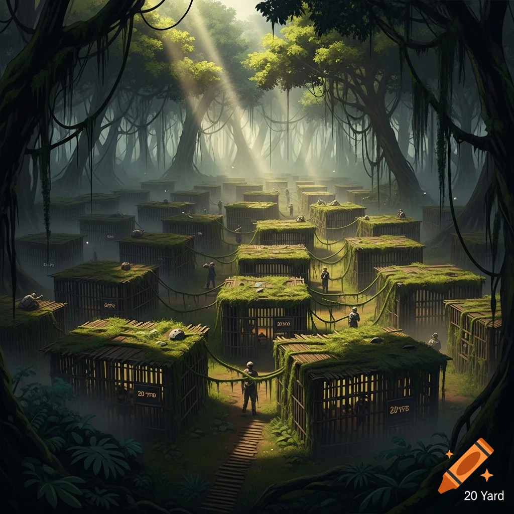An Amazonian-style prison camp with many moss-covered cages under a canopy of dense jungle trees, with rays of light breaking through. Several small figures, possibly guards, are interspersed among the cages. The text "20 Yard" is in the bottom right.