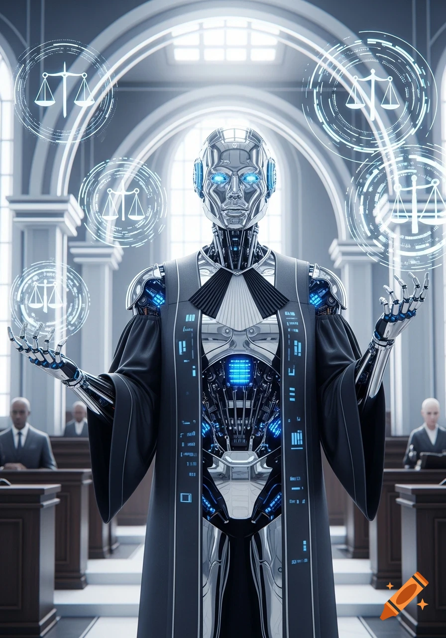 A futuristic silver robot judge with glowing blue eyes and chest, wearing a black robe in a courtroom, surrounded by holographic scales of justice.