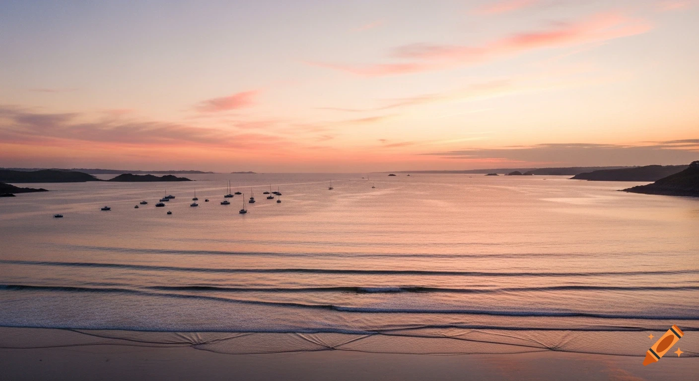 Drone photo of a coastal bay with many boats anchored at sunset, featuring soft pink and orange skies reflecting on calm water and wet sand.