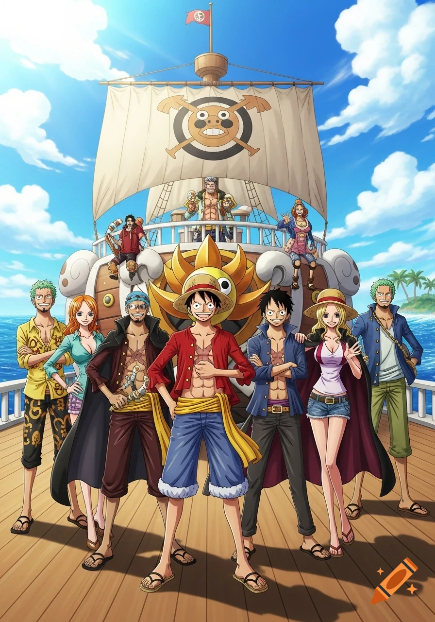 The Straw Hat Pirates from One Piece, including Luffy, Zoro, Nami, and others, stand smiling on the deck of their ship, the Thousand Sunny, under a bright blue sky with white clouds.