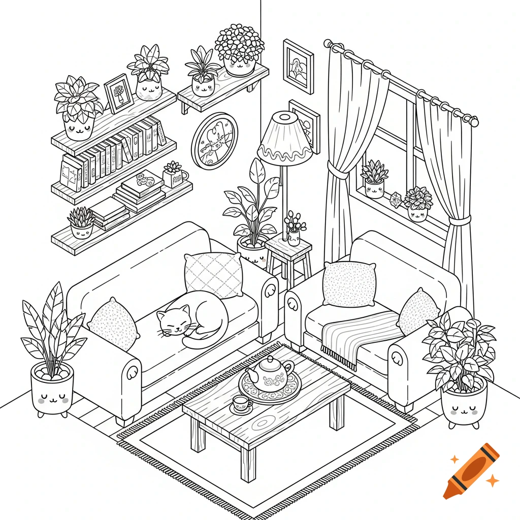 Isometric line art coloring book illustration of a cozy kawaii living room with a sleeping cat on a sofa, plants, and furniture.