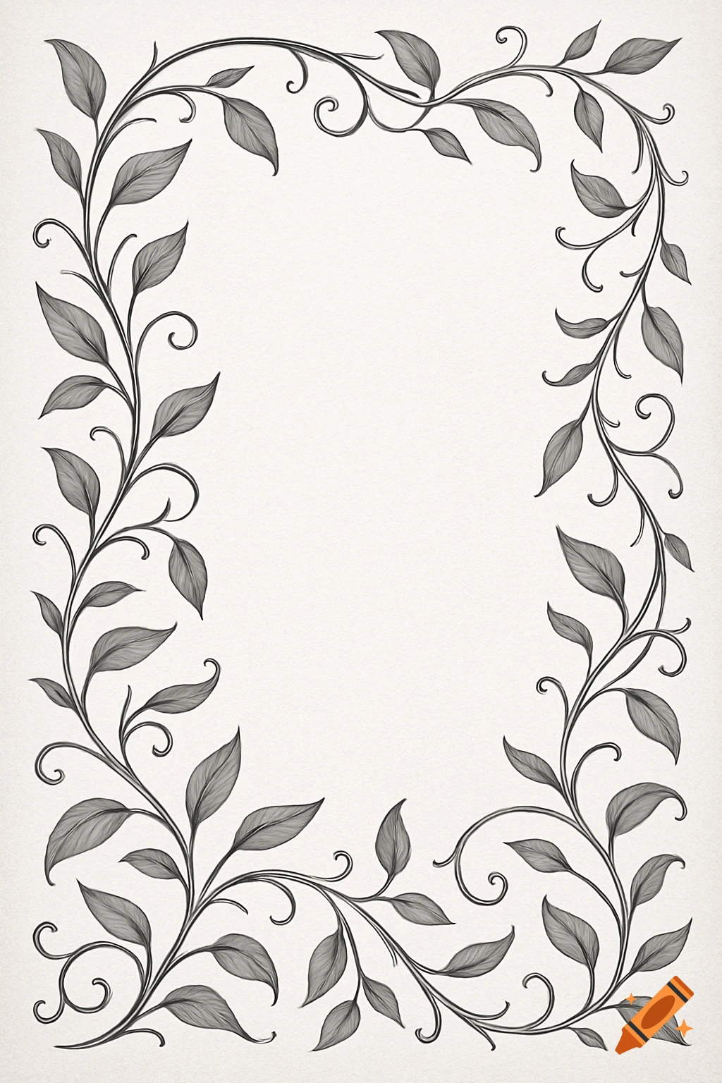 Black and white illustration of an elegant vine pattern forming a rectangular frame with swirling tendrils and shaded leaves on a textured background.