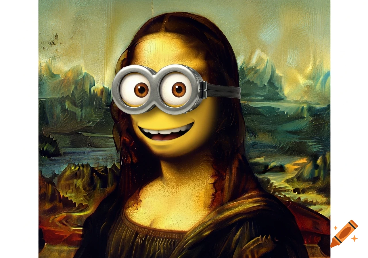 Painting of the Mona Lisa with a yellow Minion face, featuring goggle eyes and a wide smile, set against a classic landscape background.