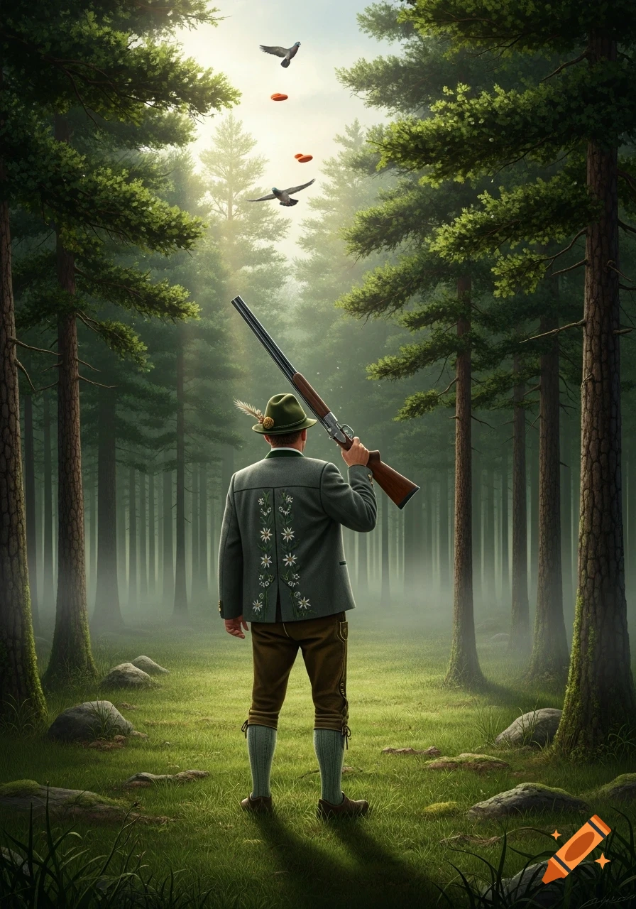 A person in traditional hunting attire holds a shotgun, looking up at clay pigeons and birds in a misty forest.