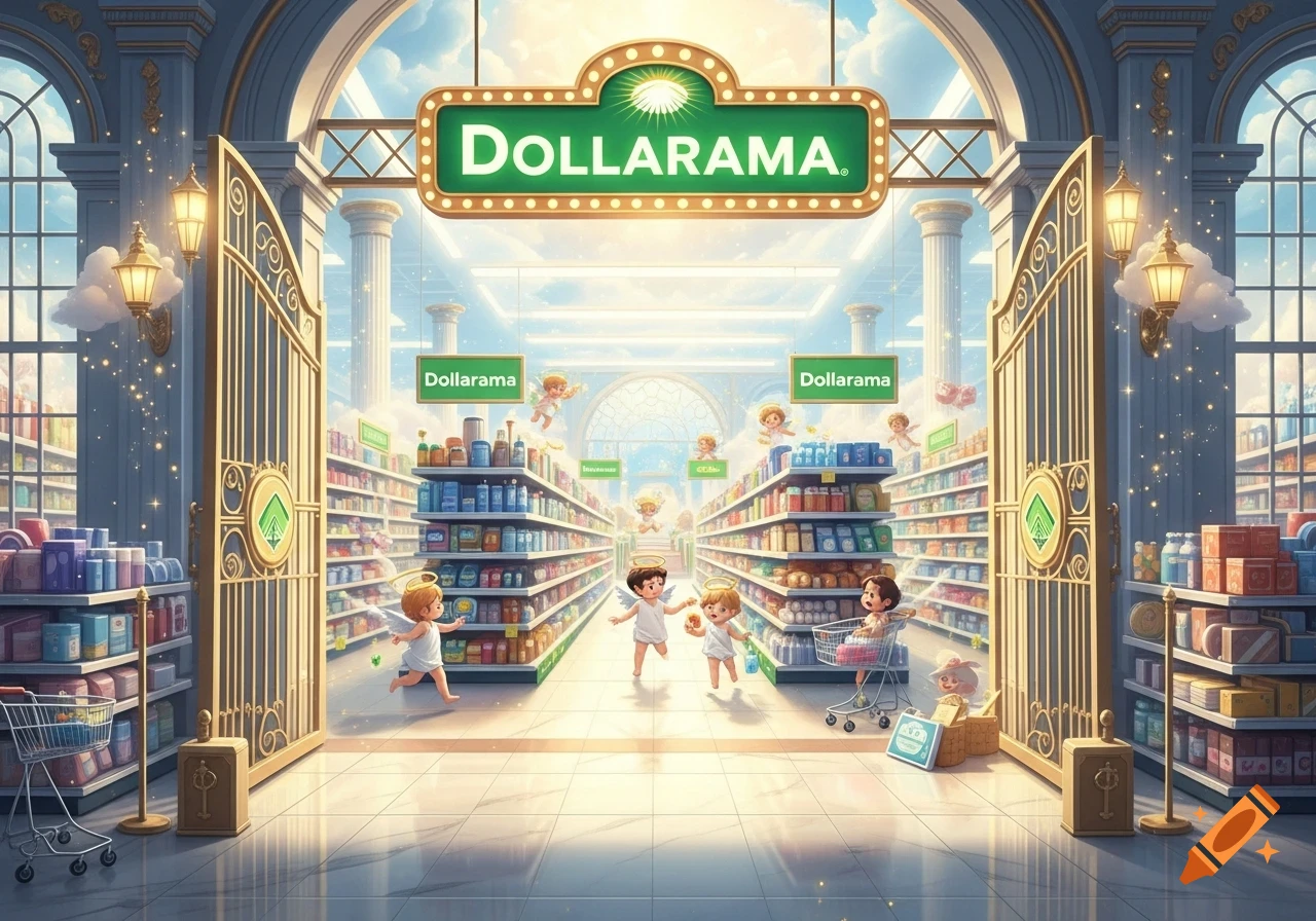 A surreal Dollarama store depicted as a grand, heavenly archway leading to aisles filled with products and playful cherubs.