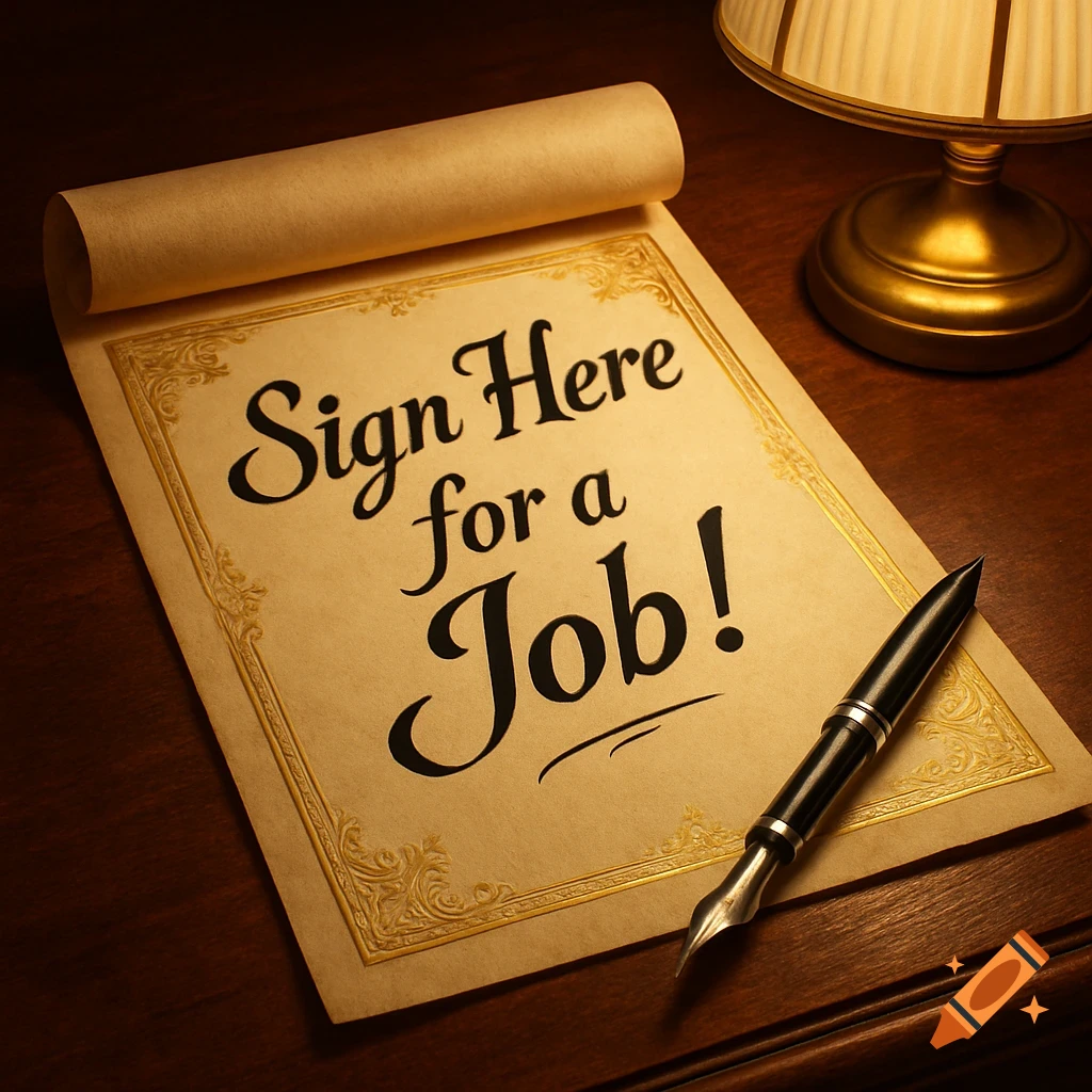 A parchment scroll with 'Sign Here for a Job!' written in elegant script, next to a quill pen and a desk lamp on a wooden desk.