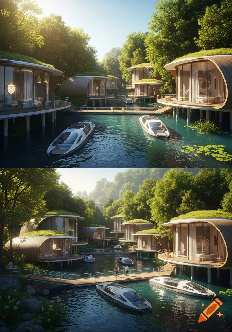 Futuristic eco-resort with curved wooden buildings and green roofs on a serene lake amidst a lush forest, with sleek boats.