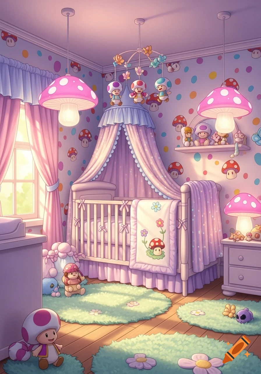 A whimsical Toadette-themed baby girl's nursery with a pink crib, mushroom lamps, and plush Toadette toys in a bright cartoon style.
