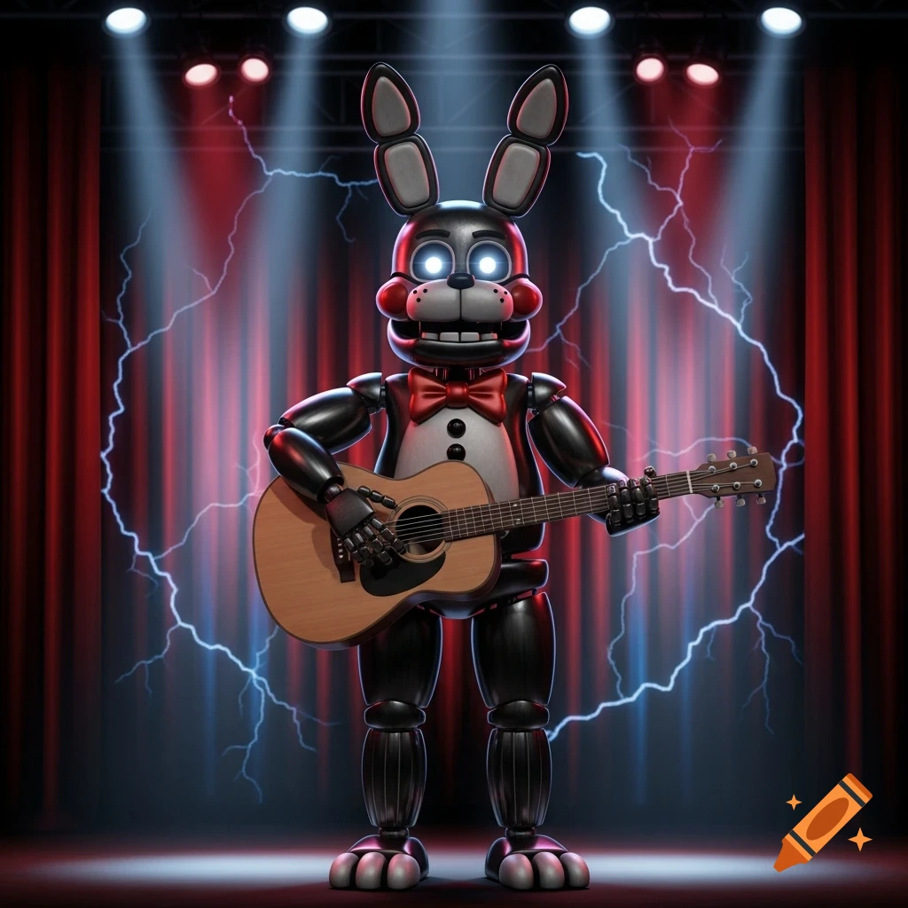 A black animatronic bunny with glowing blue eyes and a red bow tie plays an acoustic guitar on a stage with red curtains and lightning effects.