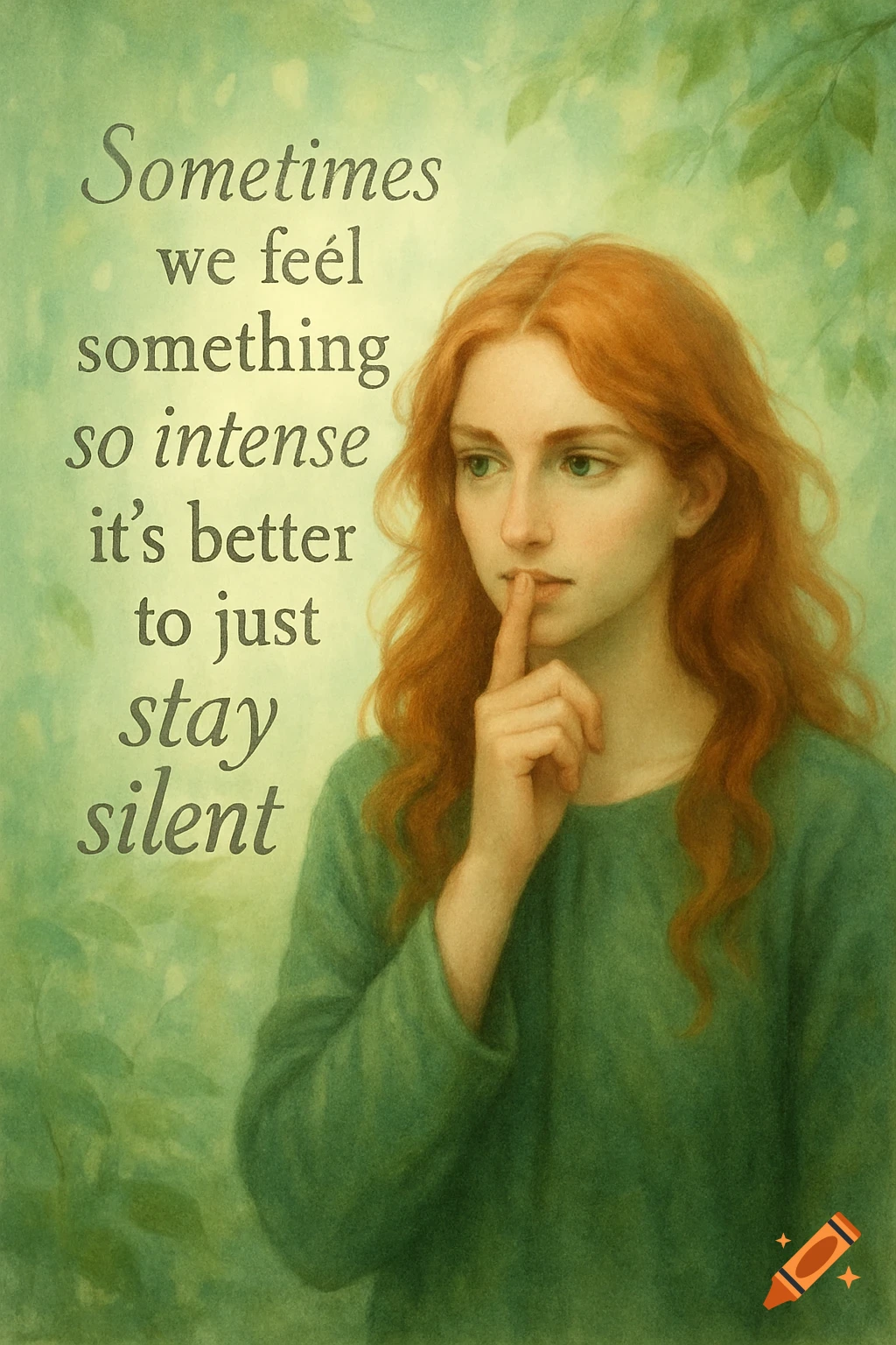 Illustrated portrait of a red-haired woman with green eyes, finger to her lips, with the quote 'Sometimes we feel something so intense it's better to just stay silent'.