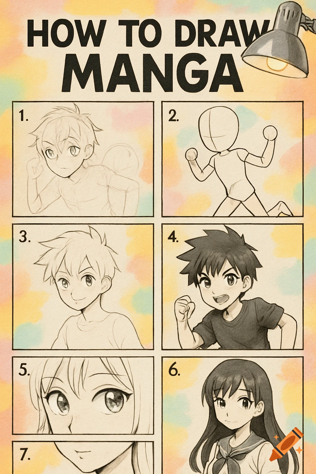 A seven-panel tutorial poster titled "HOW TO DRAW MANGA", showing step-by-step illustrations of drawing anime-style male and female characters, with a desk lamp in the top right corner.