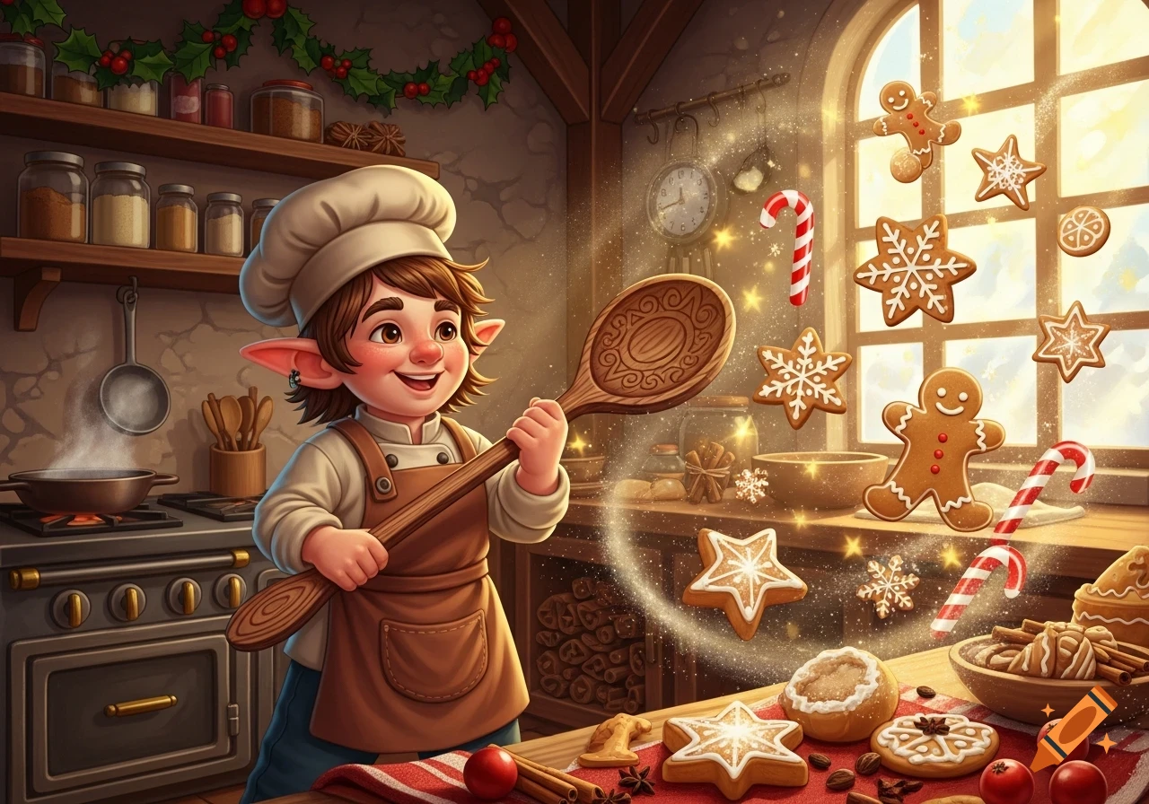 A cute cartoon halfling baker holds a giant wooden spoon, surrounded by magically floating gingerbread cookies and candy canes in a cozy, sunlit Christmas bakery.