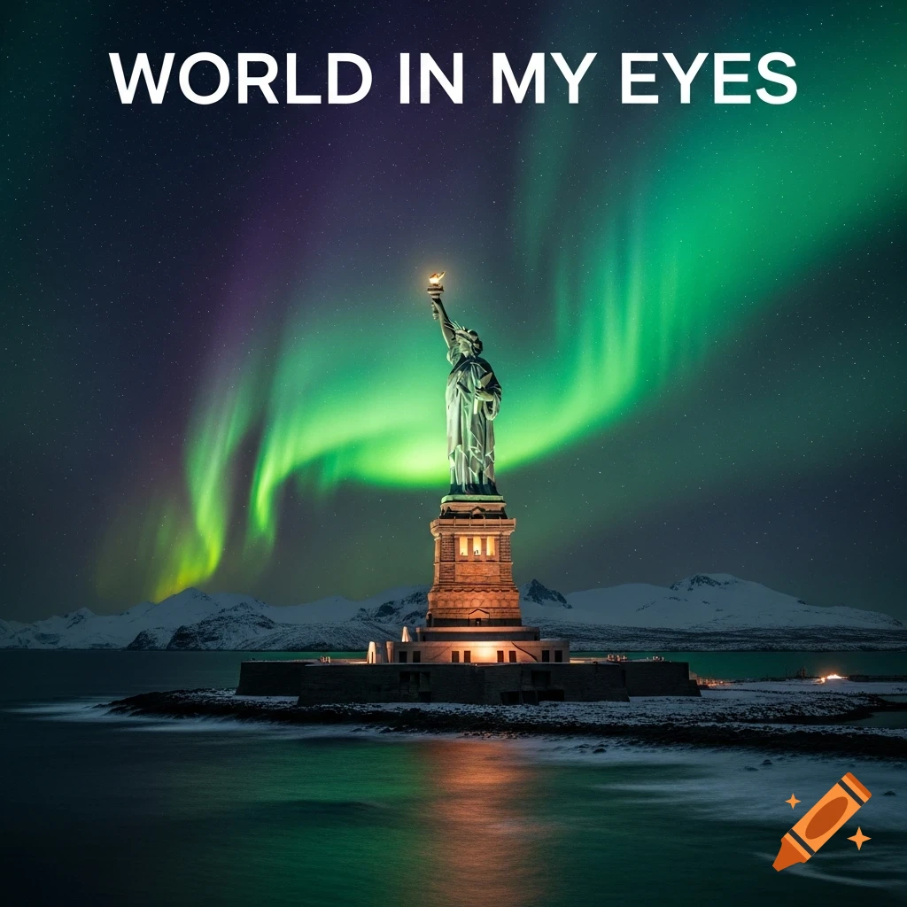 Statue of Liberty under a vibrant green and purple aurora borealis sky, with snowy mountains and water in the background. Text reads "WORLD IN MY EYES".