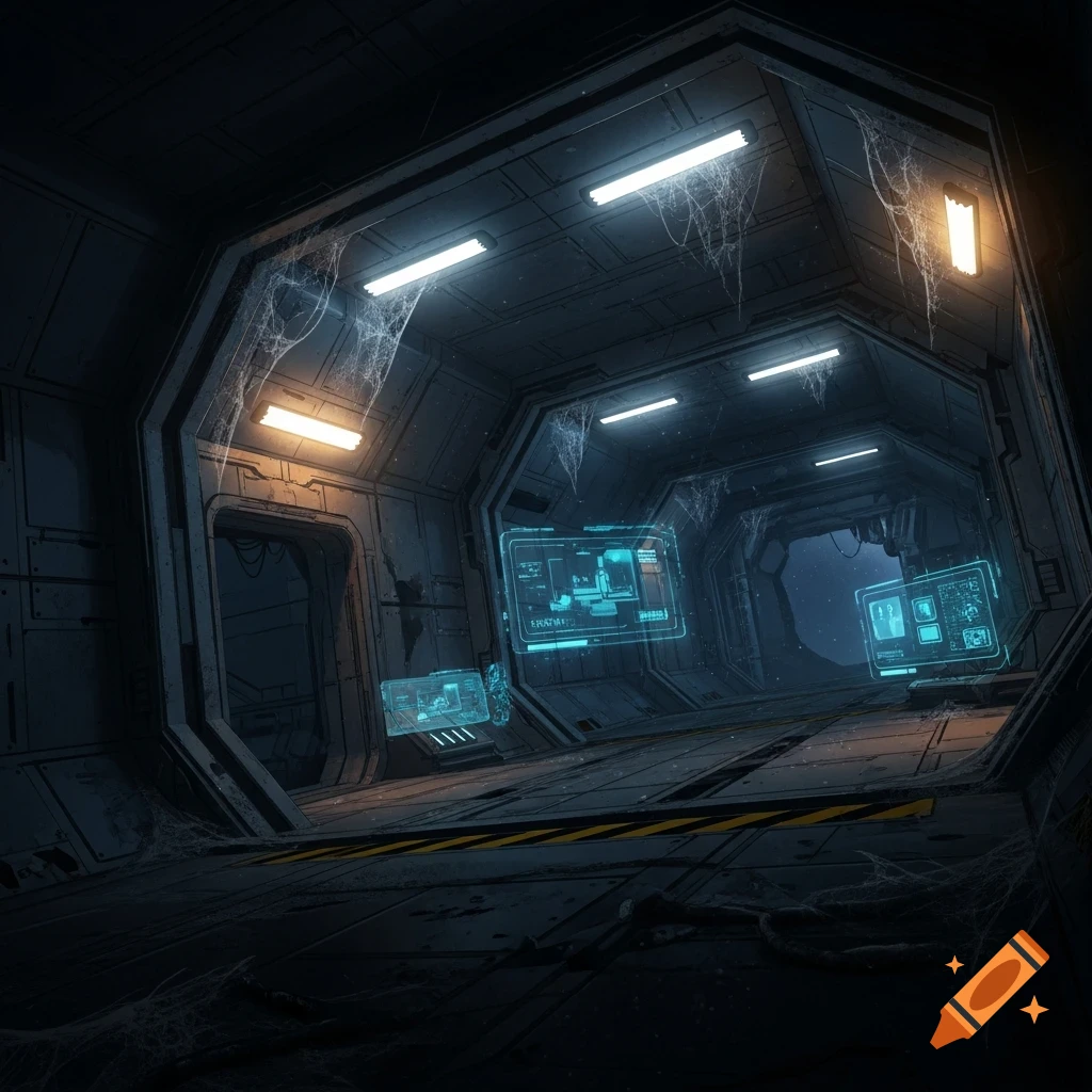 Dark, abandoned sci-fi corridor covered in cobwebs with glowing blue holographic screens and yellow hazard stripes on the floor.