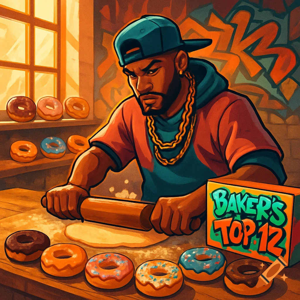 A hip hop baker, wearing a teal cap and gold chains, rolls dough on a wooden counter with colorful donuts, next to a box labeled 'BAKER'S TOP 12', in a vibrant, stylized illustration.