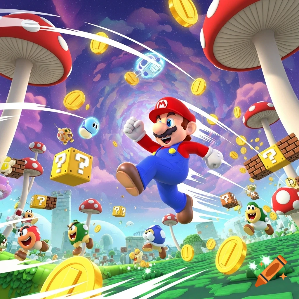 Super Mario runs across a vibrant mushroom kingdom, surrounded by coins, question blocks, and various enemies against a swirling purple sky.