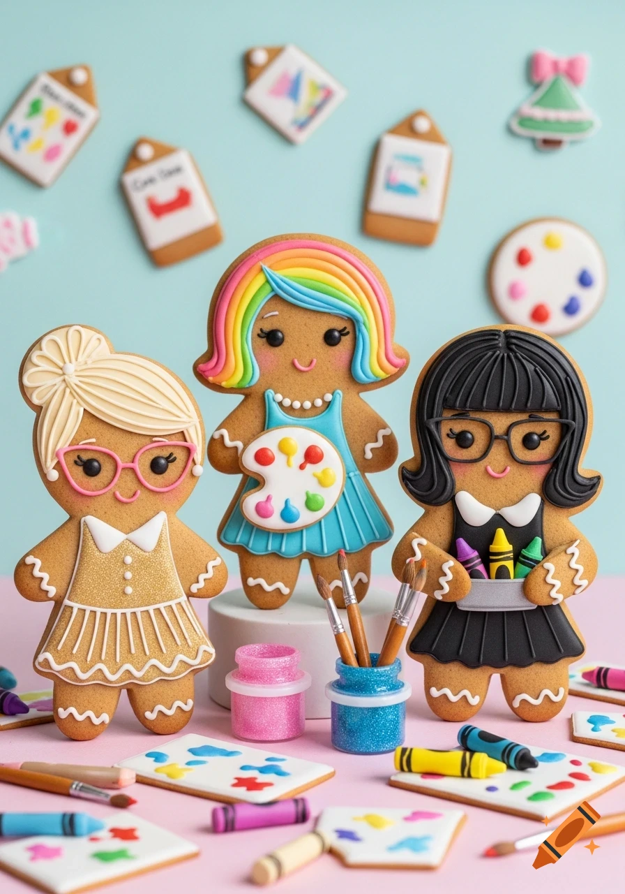 Three decorated gingerbread teacher cookies with rainbow hair, blonde bun, and black bob, holding craft supplies like paint, crayons, and glitter.