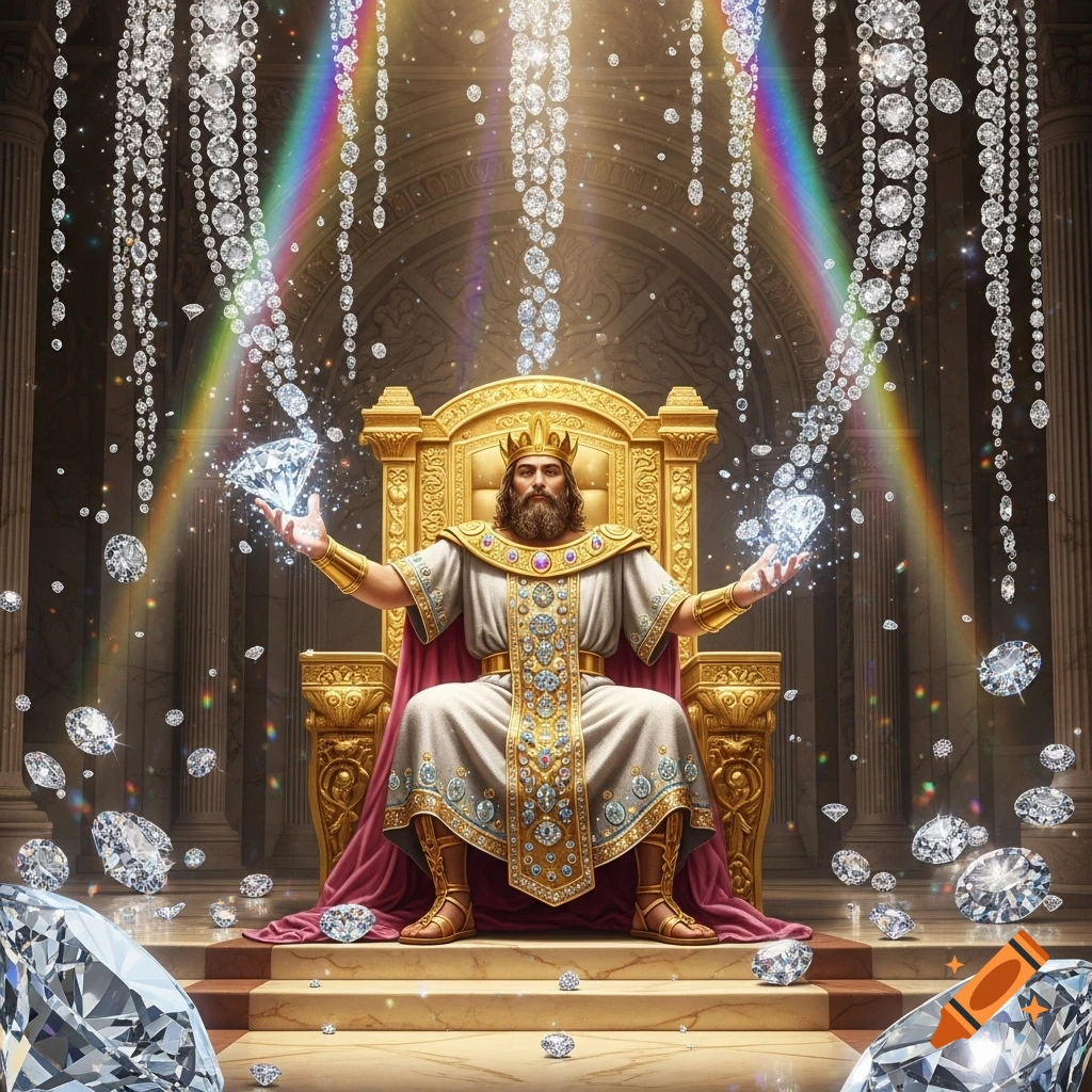 Bearded king in ornate robes and crown on a golden throne, surrounded by falling diamonds and rainbows in a grand hall.