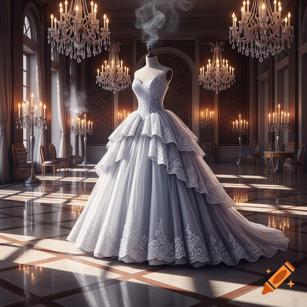 A white tiered ball gown on a mannequin in a grand, chandelier-lit ballroom with glowing candles and reflective floors.