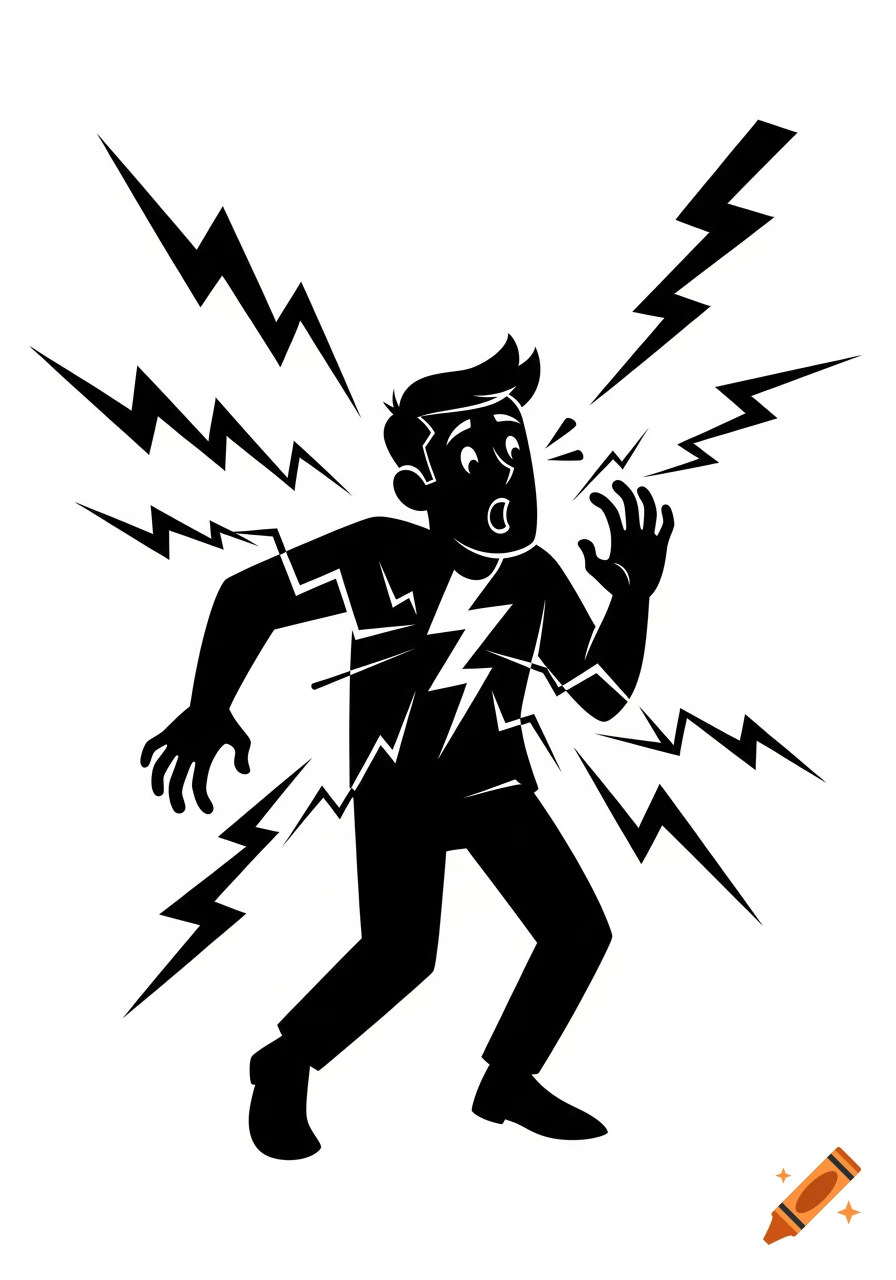 A black outline cartoon illustration shows a man with a shocked expression, surrounded by lightning bolts, indicating an electrical shock.