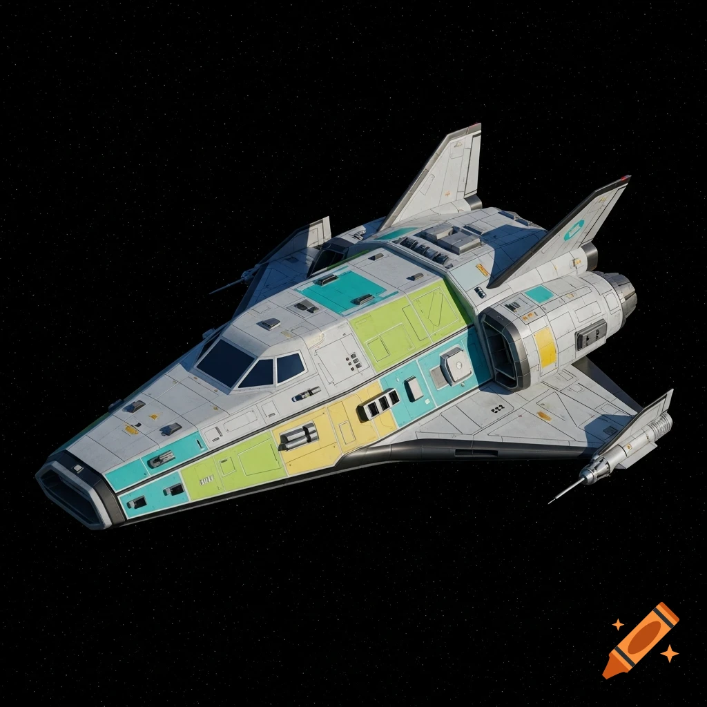 A sleek, grey and colorful futuristic spaceship flies through a dark, star-filled space.