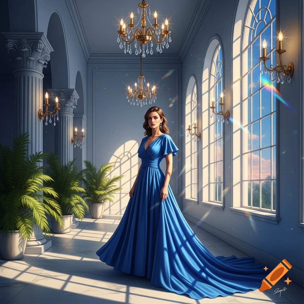 A woman in a flowing blue gown stands in a sunlit grand hall with chandeliers and tall arched windows.