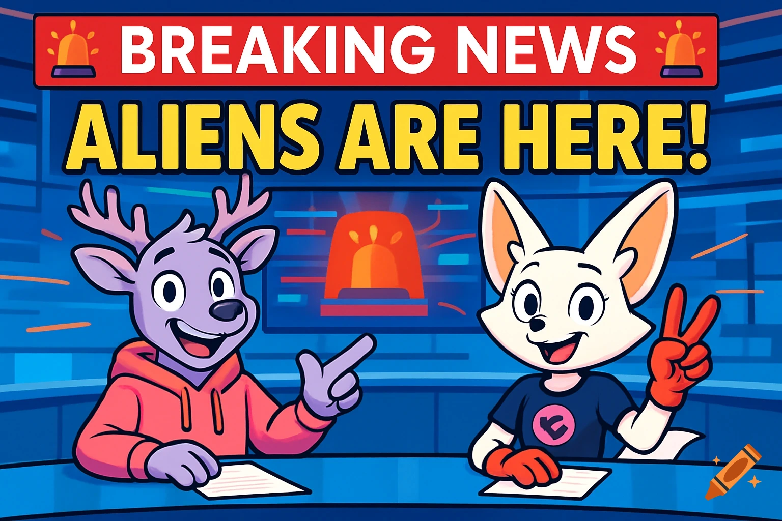 Cartoon deer and fox news anchors report 'BREAKING NEWS ALIENS ARE HERE!' from a blue newsroom set, digital illustration.