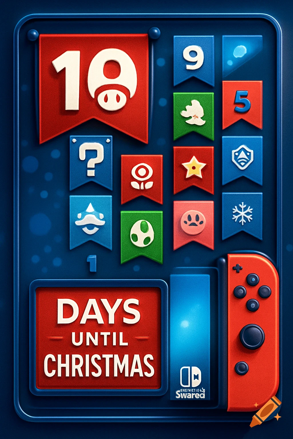 A vibrant Nintendo-themed Christmas countdown calendar with banners for numbers, icons, and a red sign stating 'DAYS UNTIL CHRISTMAS', next to a red Nintendo Switch Joy-Con.