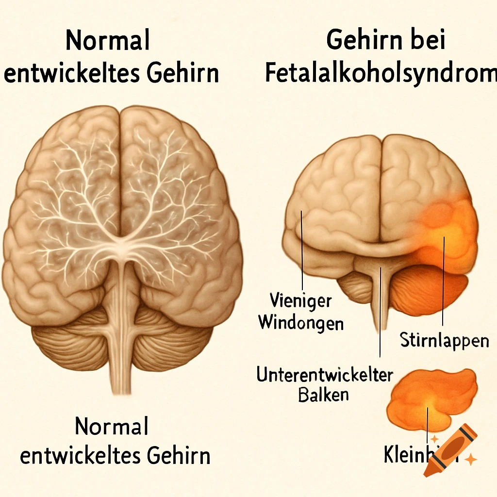 Scientific infographic comparing a healthy human brain with a brain affected by Fetal Alcohol Syndrome, both in a frontal view with German labels.