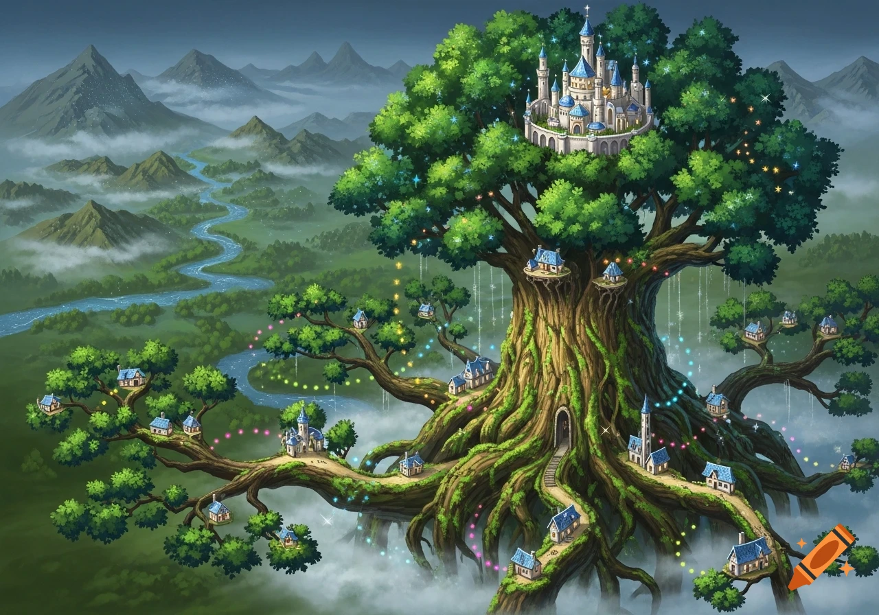 A vibrant fantasy kingdom on a huge magical tree, featuring a castle ...